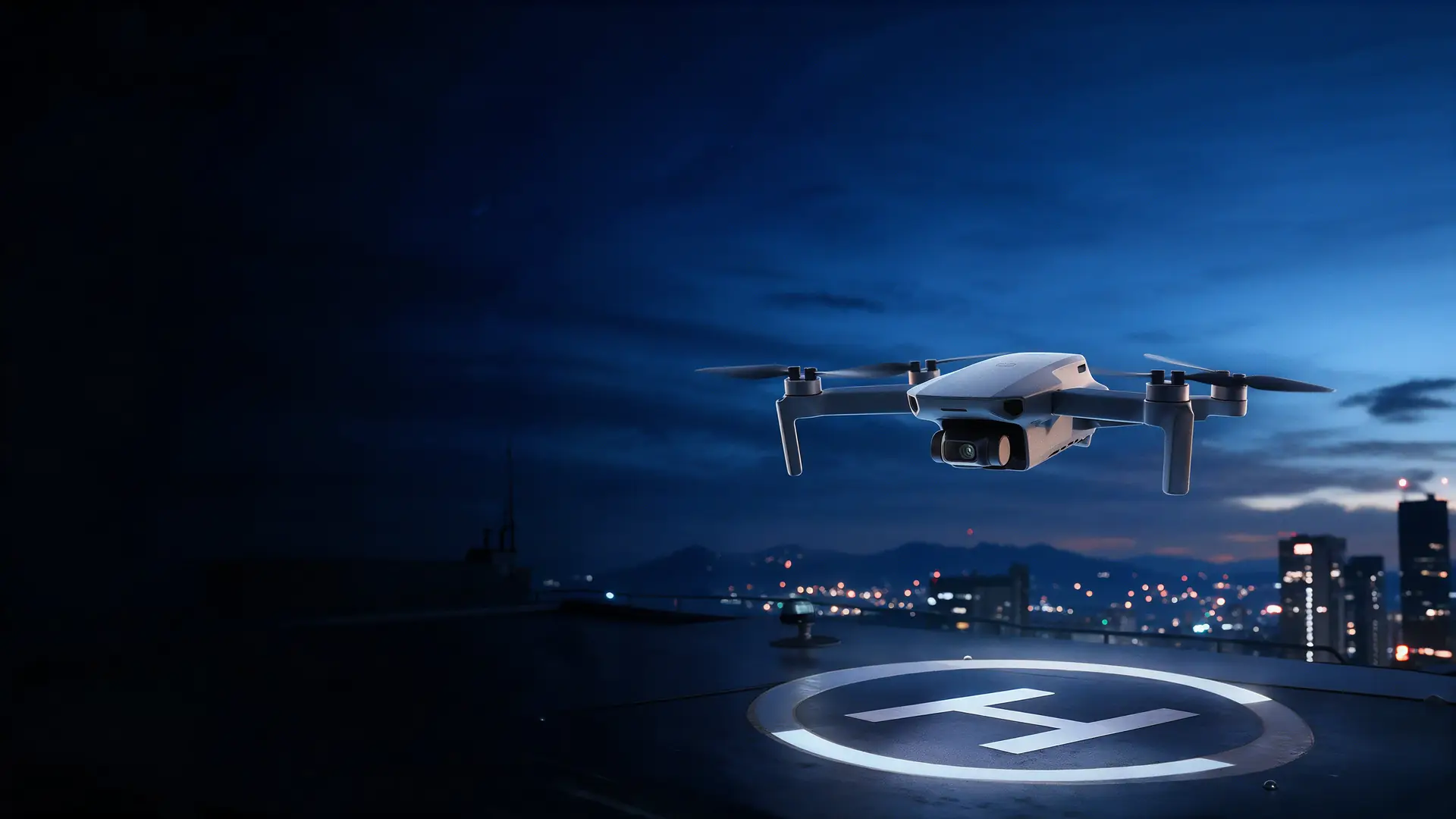DJI Mini 2 da SET 4 pousando no heliponto à noite